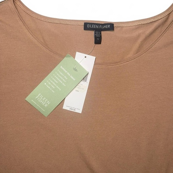 Eileen Fisher Ballet Neck 3/4 Sleeve Viscose Jersey Knit Top Camel Tan Sz S NWT - Picture 6 of 8
